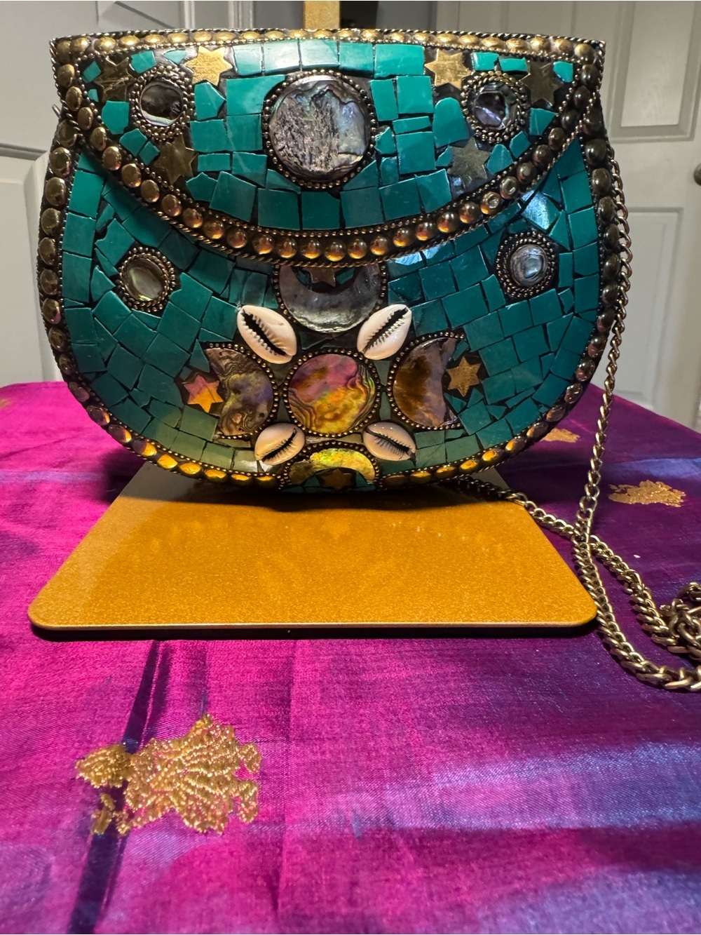 NWOT Handcrafted Indian Turquoise Stone Mosaic Box Clutch Bag